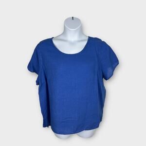 Isaac Mizrahi New York Blue 100% Linen Womens 2X Short Sleeve Boxy Blouse Top